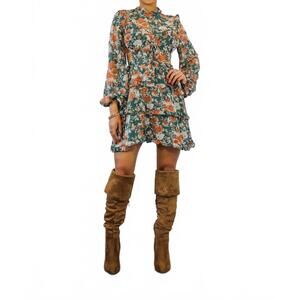 NEW SURELYMINE bubble sleeves floral cutout laced mini dress in green